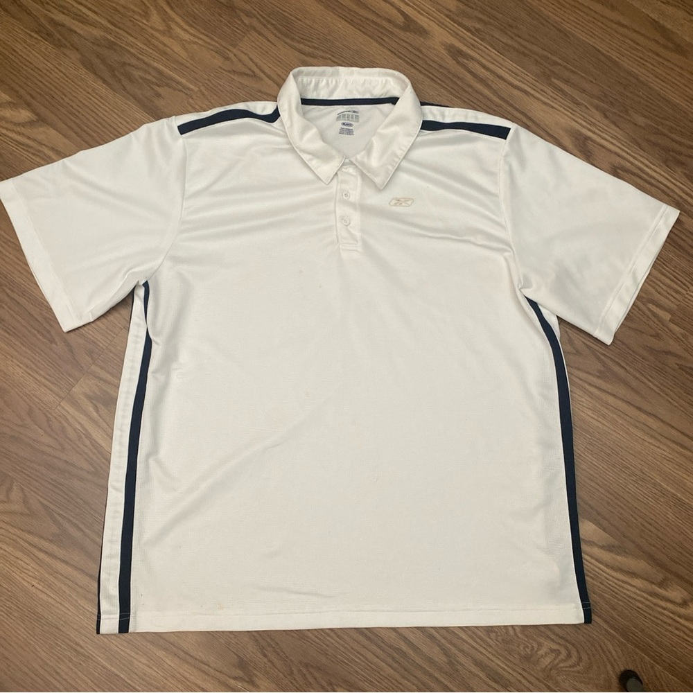 Reebok Polo Shirt Mens XXL Play Dry Golf Regular Short Sleeve White. Blue Trim